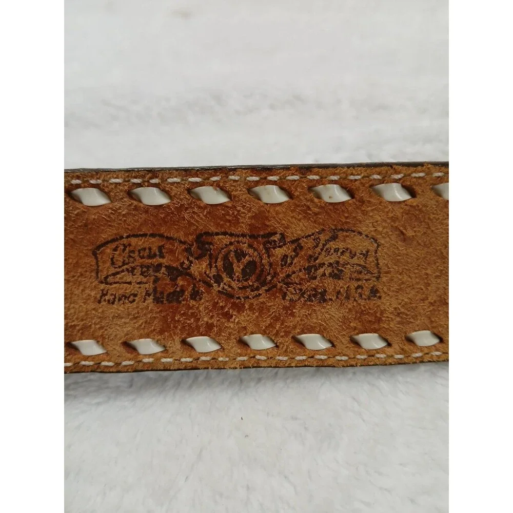 ​Hand-Tooled Leather Belt with Floral Design & White Stitching Custom 